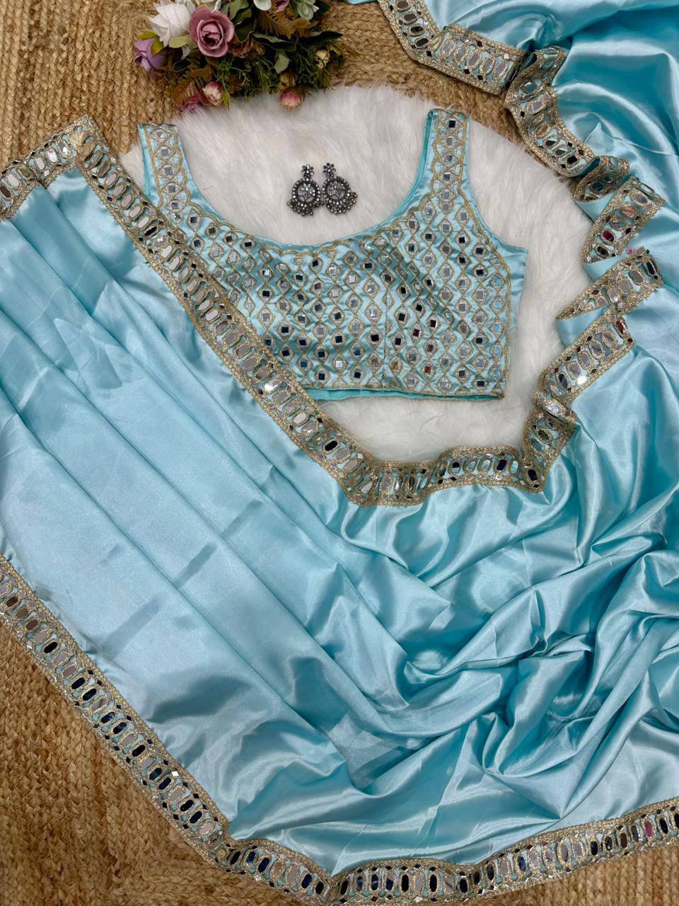 Sky Blue Designer Satin Silk Embroidery Saree and Mirror Work Blouse