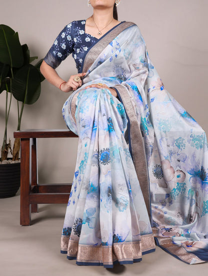 Sky Blue Floral Printed Tussar Silk Saree with Viscose Border