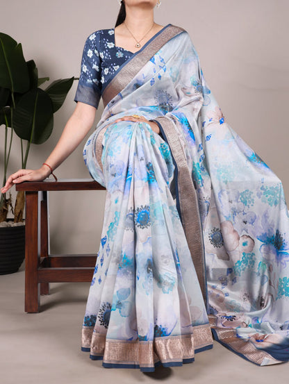 Sky Blue Floral Printed Tussar Silk Saree with Viscose Border