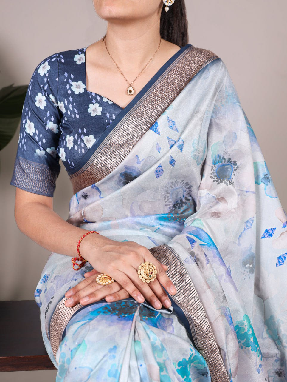 Sky Blue Floral Printed Tussar Silk Saree with Viscose Border