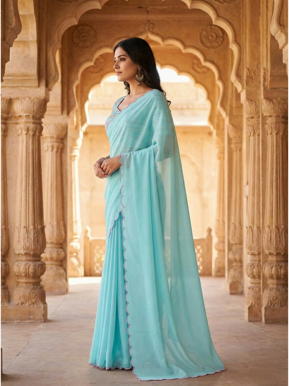 Sky Blue Georgette Aari Embroidery Border Saree with Work Blouse