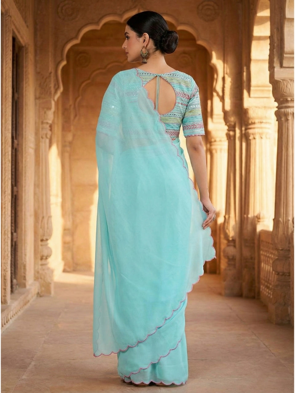 Sky Blue Georgette Aari Embroidery Border Saree with Work Blouse