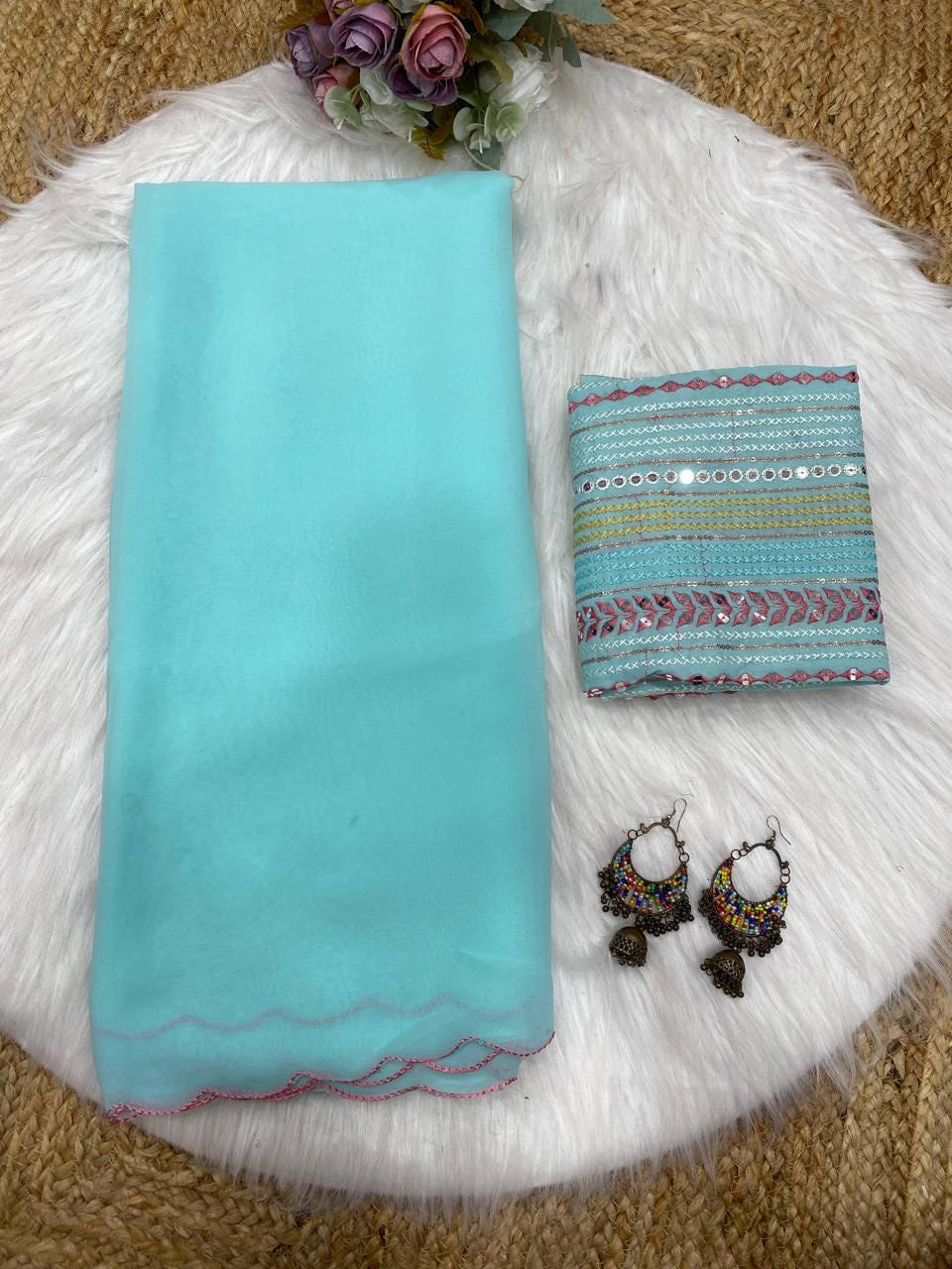 Sky Blue Georgette Aari Embroidery Border Saree with Work Blouse