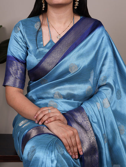 Sky Blue Rumali Silk Saree with Elegant Zari Weaving Matching Blouse