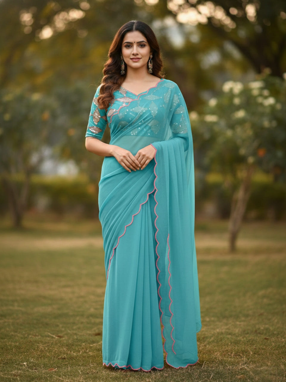 Sky Blue Smooth Georgette Saree with Aari Border & Embroidery Blouse