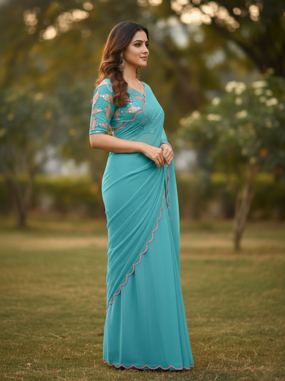 Sky Blue Smooth Georgette Saree with Aari Border & Embroidery Blouse