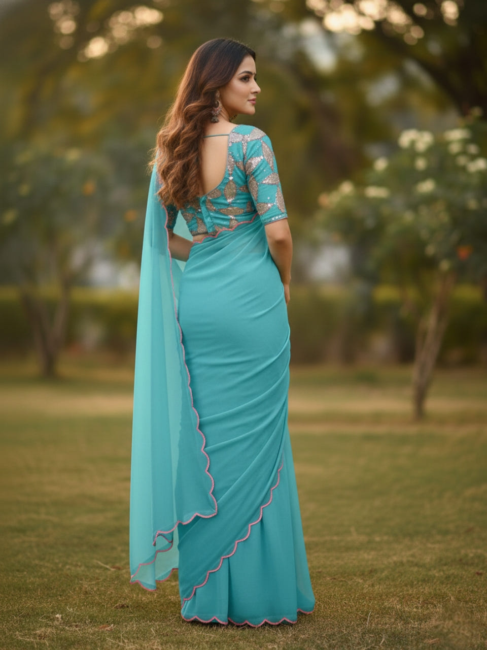 Sky Blue Smooth Georgette Saree with Aari Border & Embroidery Blouse