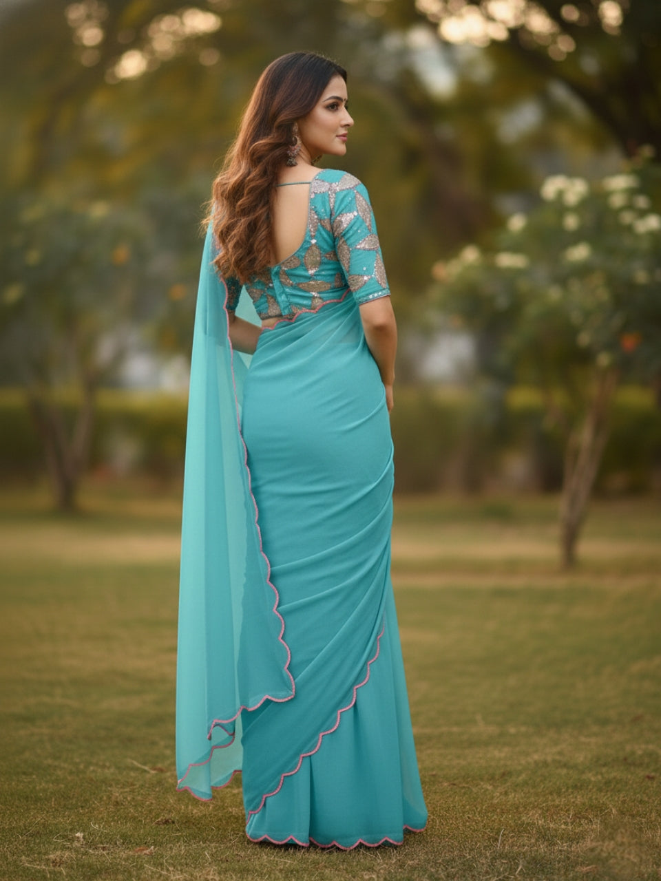 Sky Blue Smooth Georgette Saree with Aari Border & Embroidery Blouse
