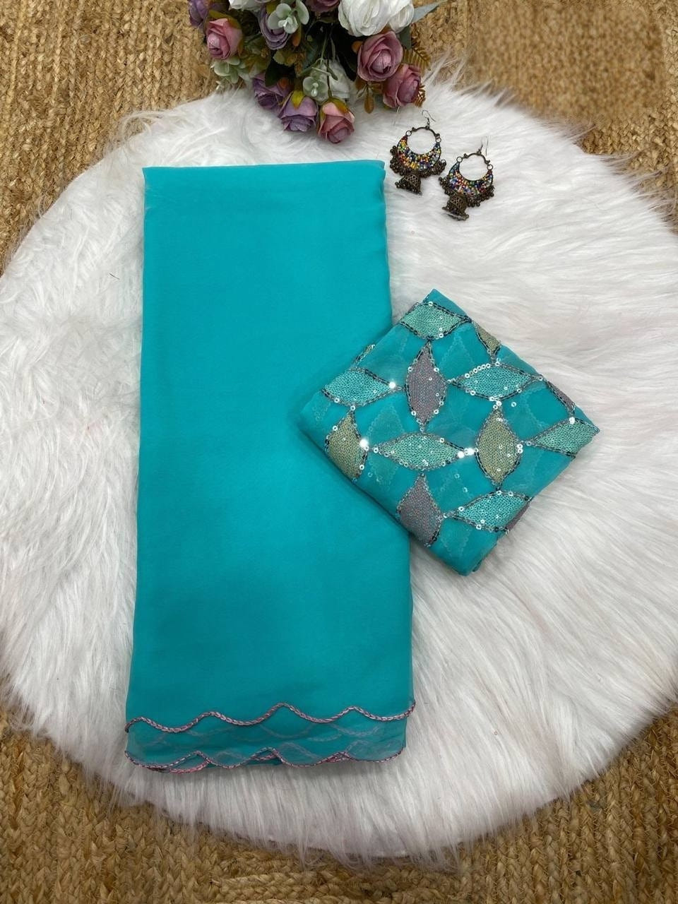 Sky Blue Smooth Georgette Saree with Aari Border & Embroidery Blouse