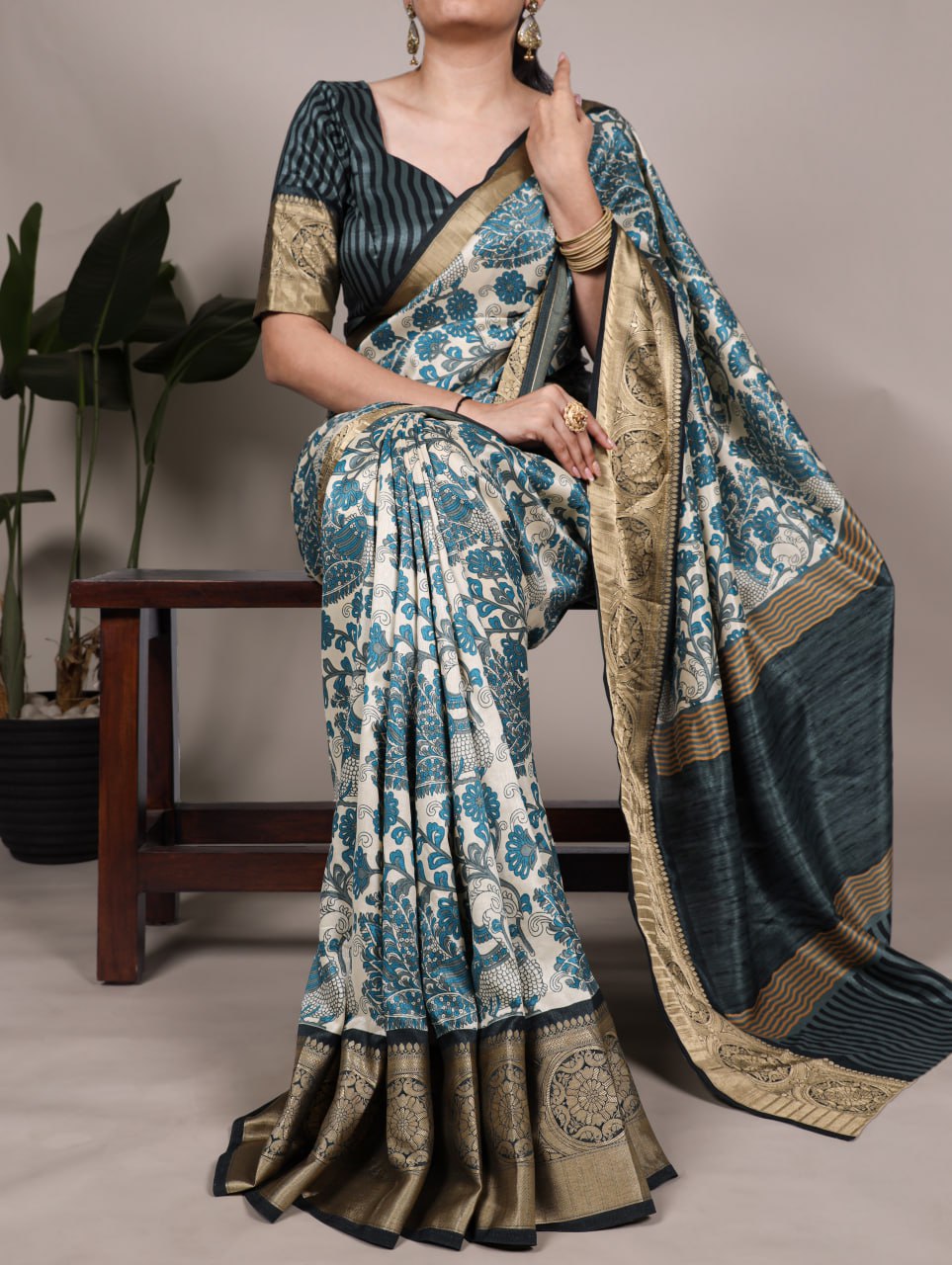 Sky Blue Tasar Silk Printed Saree with Viscose Border Matching Blouse