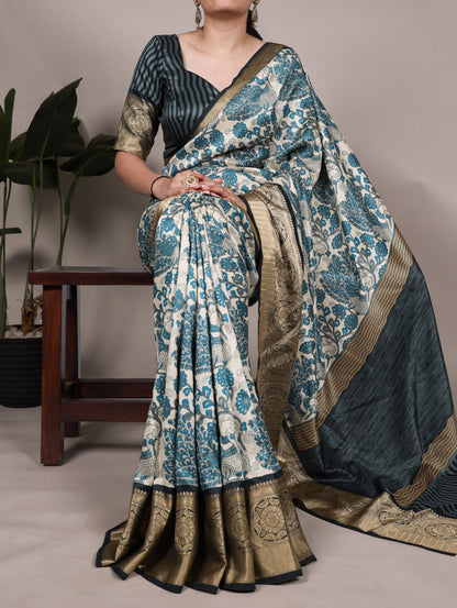 Sky Blue Tasar Silk Printed Saree with Viscose Border Matching Blouse