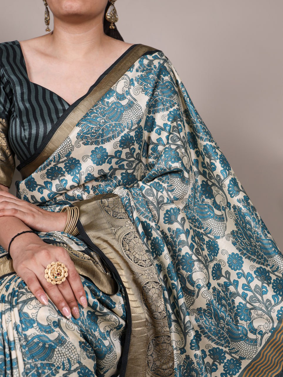 Sky Blue Tasar Silk Printed Saree with Viscose Border Matching Blouse