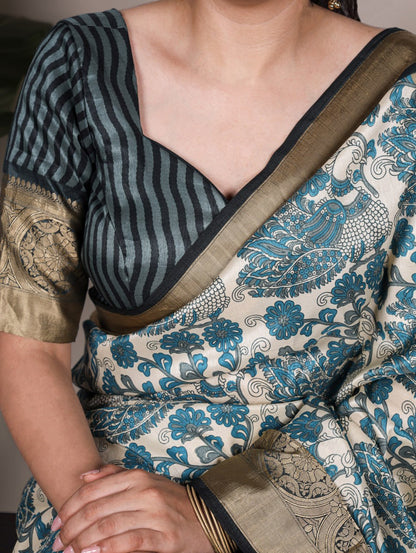 Sky Blue Tasar Silk Printed Saree with Viscose Border Matching Blouse