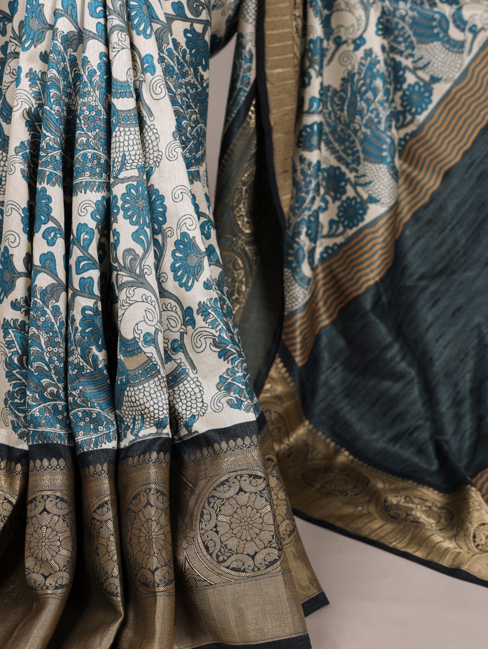 Sky Blue Tasar Silk Printed Saree with Viscose Border Matching Blouse