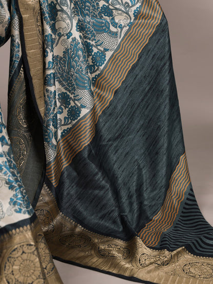 Sky Blue Tasar Silk Printed Saree with Viscose Border Matching Blouse