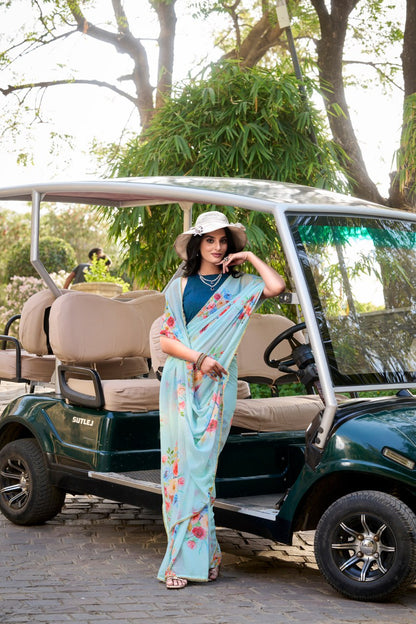 Sky Blue Weightless Marble Floral Print Saree with Pearl Lace Border