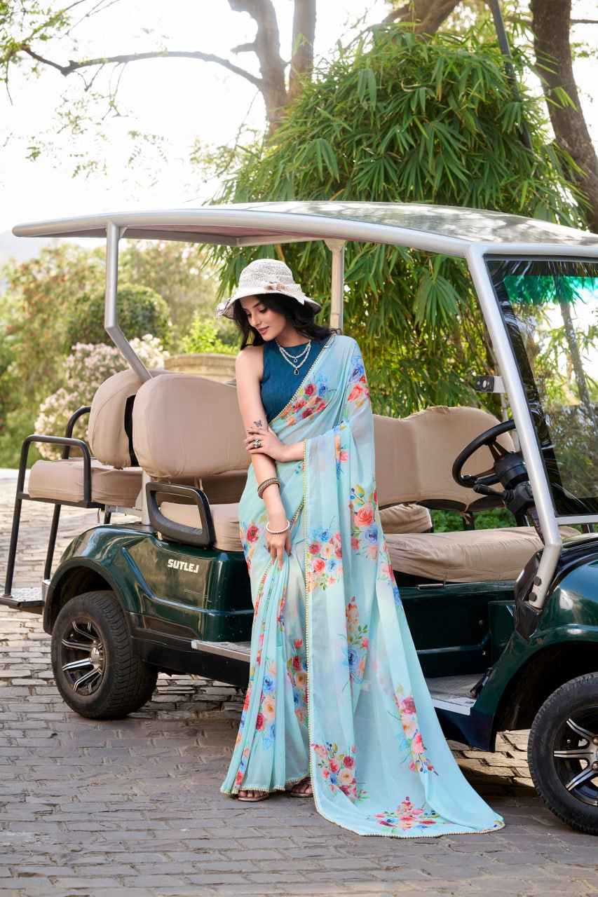 Sky Blue Weightless Marble Floral Print Saree with Pearl Lace Border