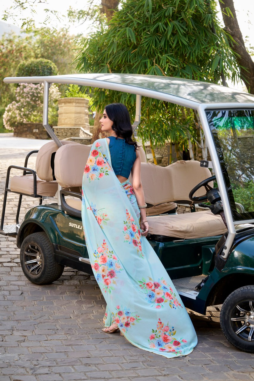 Sky Blue Weightless Marble Floral Print Saree with Pearl Lace Border