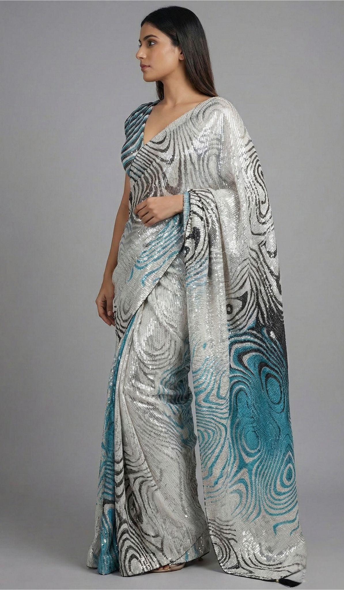 Sliver Georgette Digital Print Saree with Full Sequins Contrast Border
