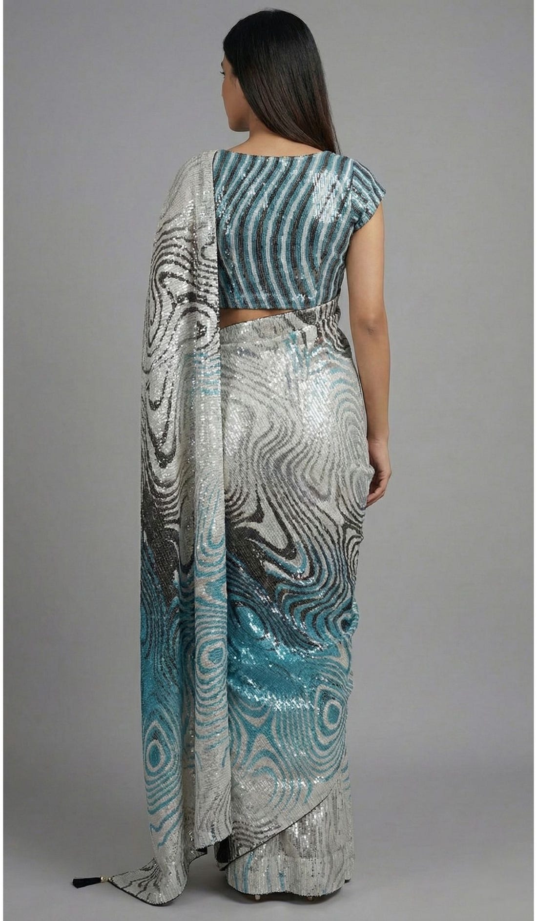 Sliver Georgette Digital Print Saree with Full Sequins Contrast Border