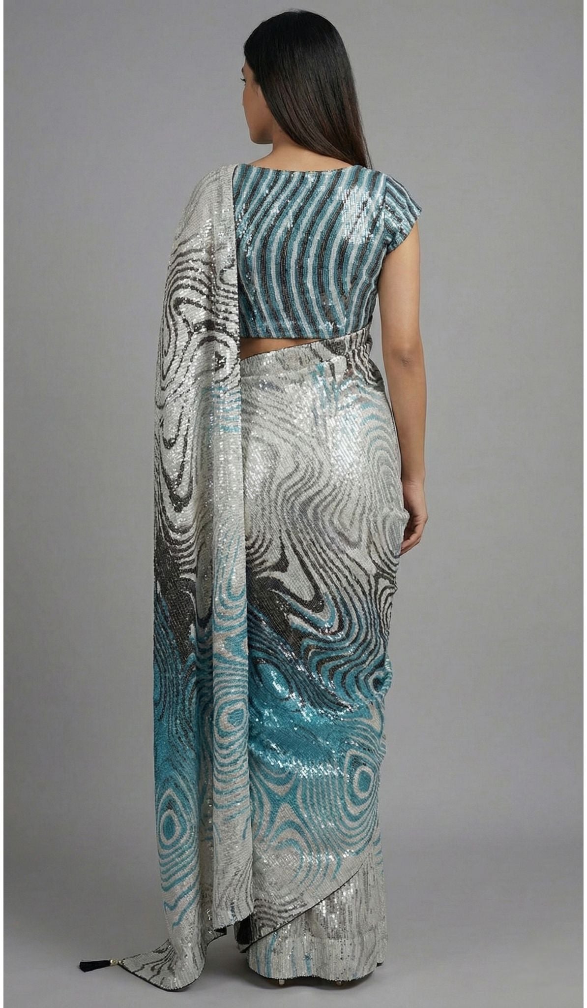 Sliver Georgette Digital Print Saree with Full Sequins Contrast Border