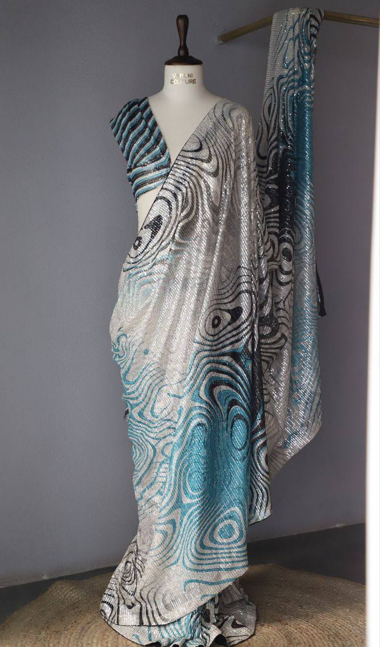 Sliver Georgette Digital Print Saree with Full Sequins Contrast Border