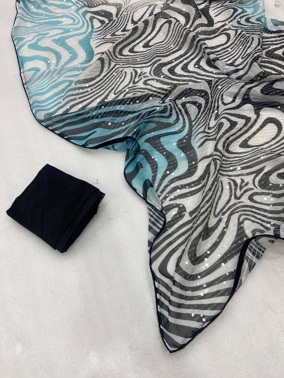 Sliver Georgette Digital Print Saree with Full Sequins Contrast Border