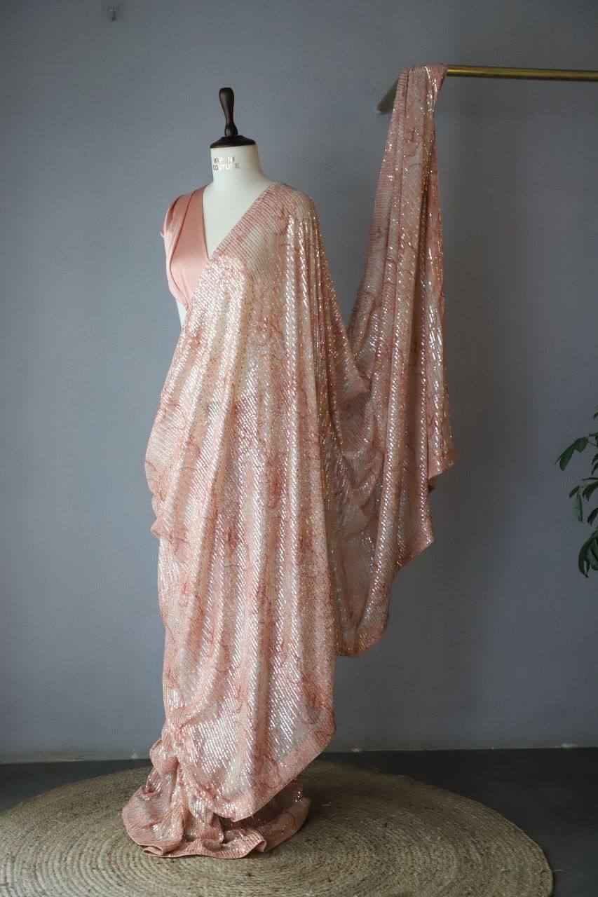 Soft Peach Georgette Digital Print Saree with Full Sequins Border