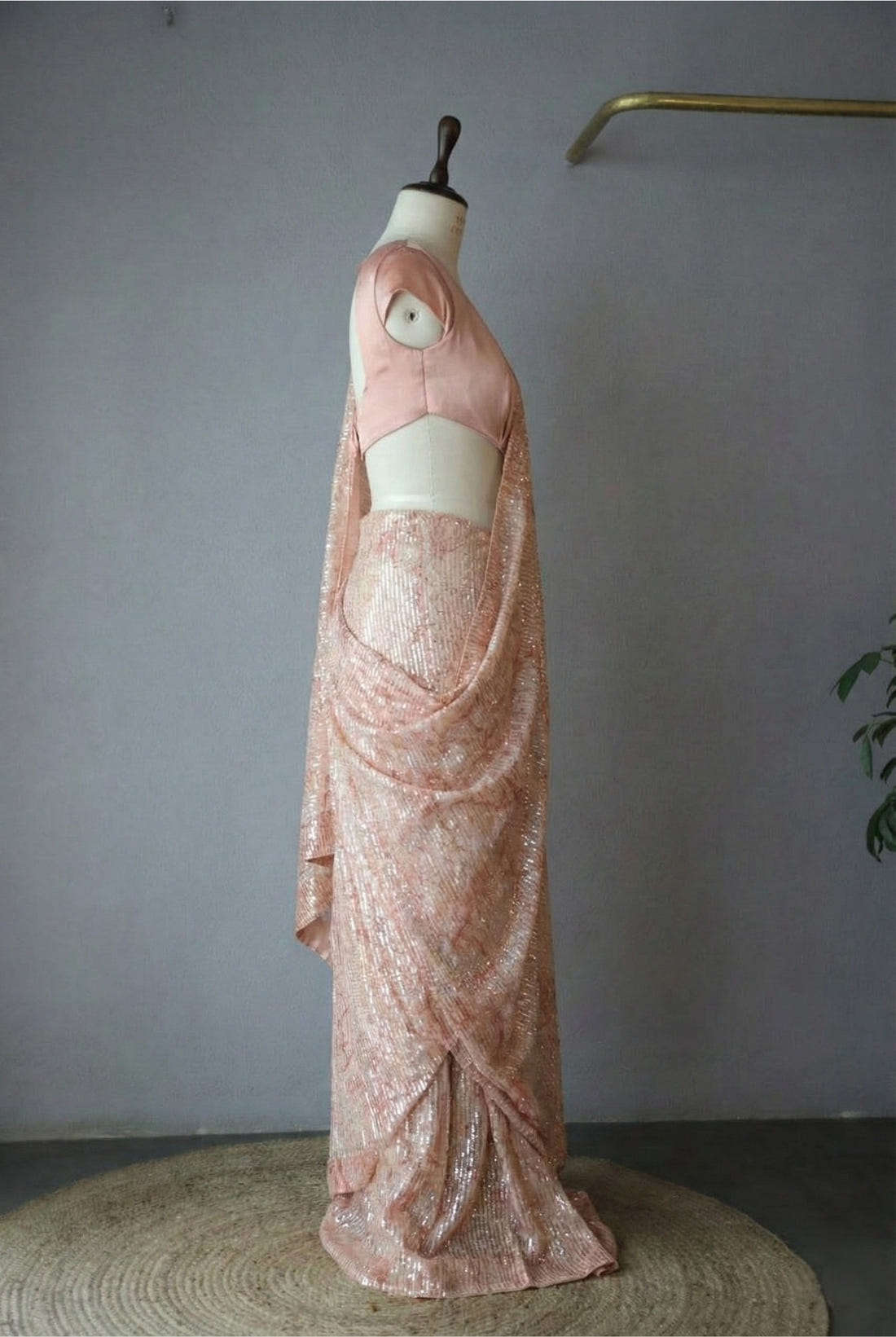 Soft Peach Georgette Digital Print Saree with Full Sequins Border