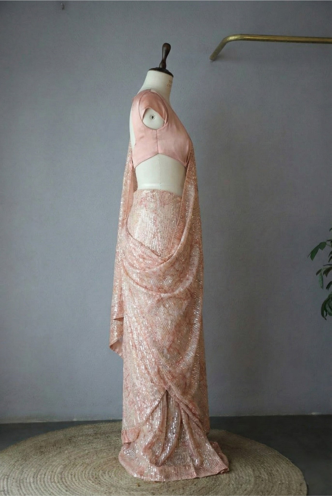 Soft Peach Georgette Digital Print Saree with Full Sequins Border