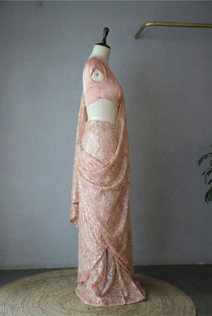 Soft Peach Georgette Digital Print Saree with Full Sequins Border