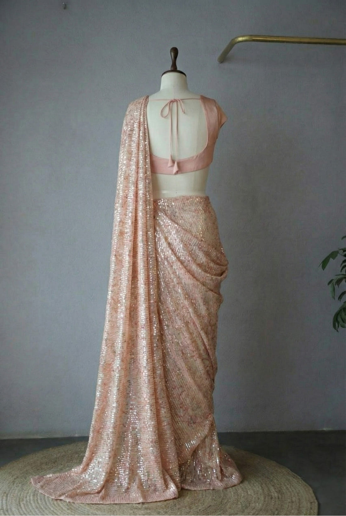 Soft Peach Georgette Digital Print Saree with Full Sequins Border