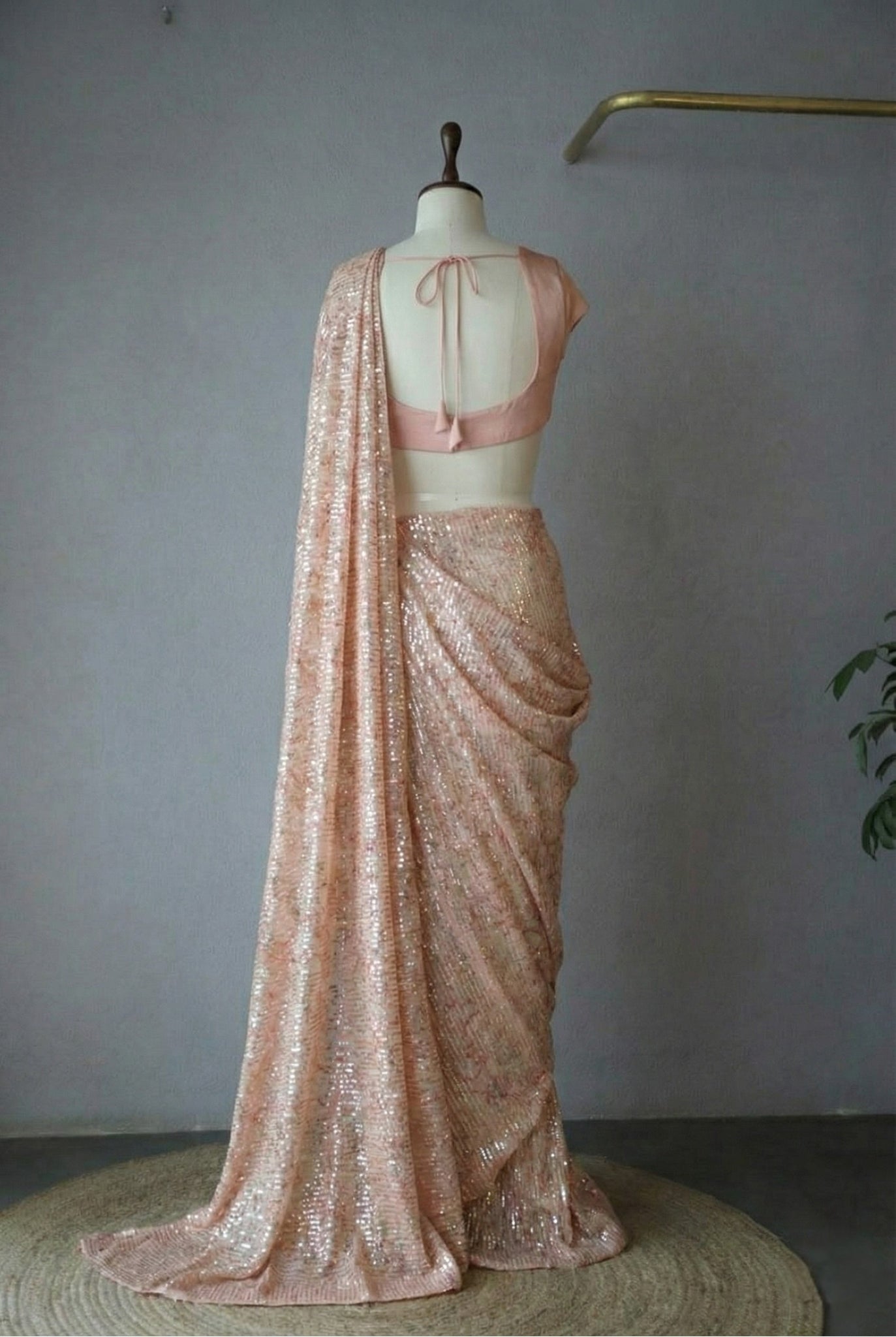 Soft Peach Georgette Digital Print Saree with Full Sequins Border