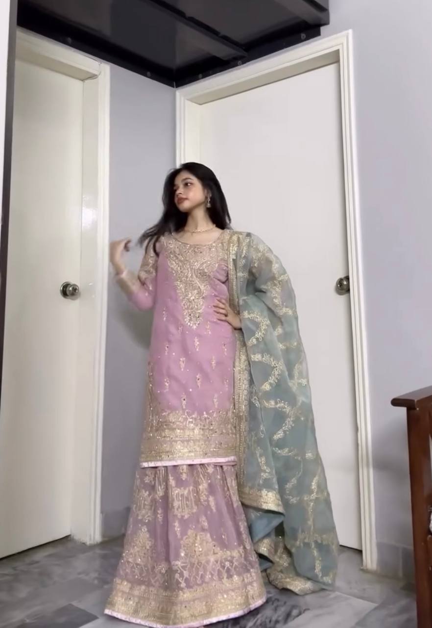 Soft pink Designer Faux Georgette Sharara Plazzo Top and Net Dupatta