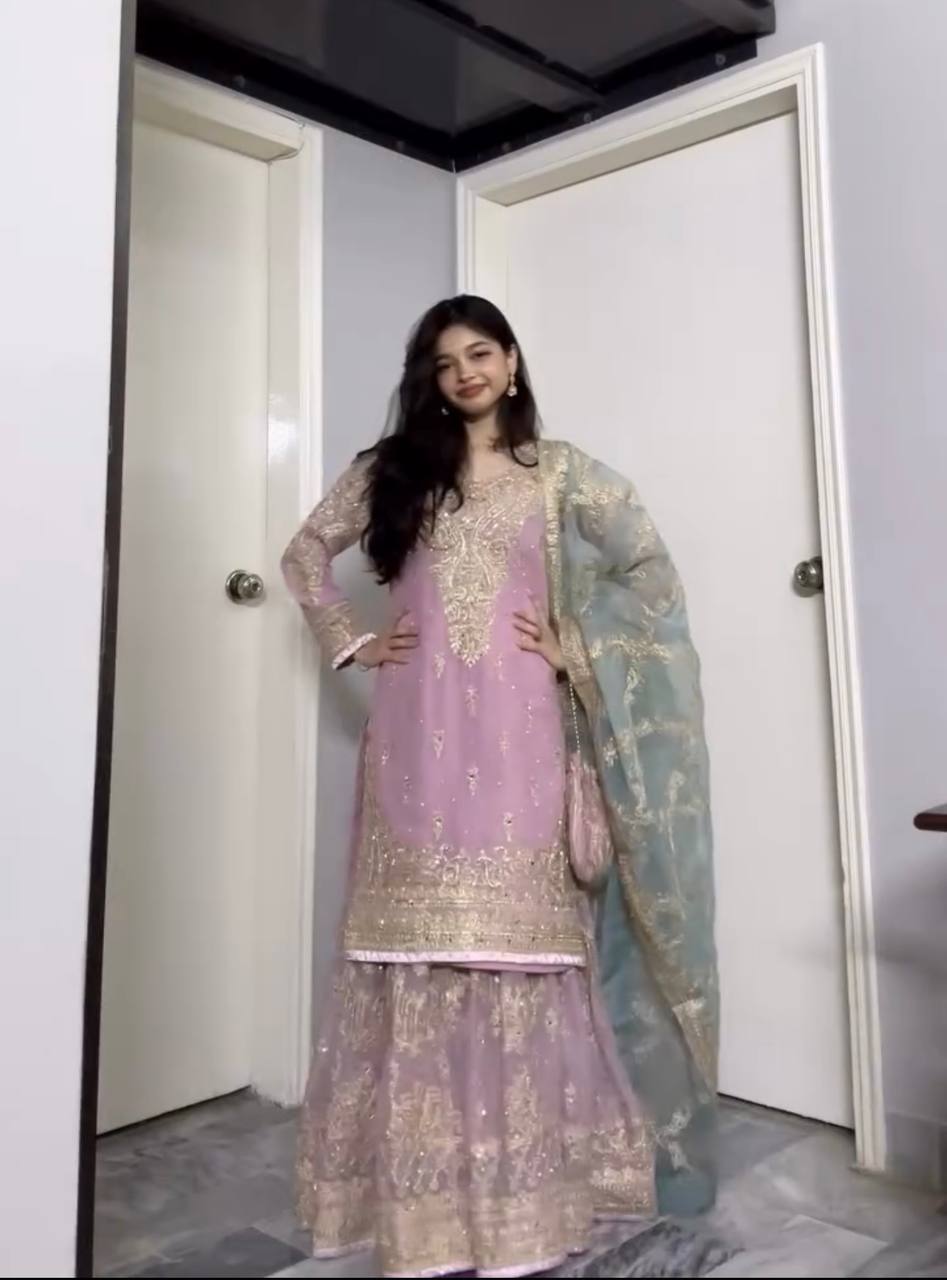 Soft pink Designer Faux Georgette Sharara Plazzo Top and Net Dupatta