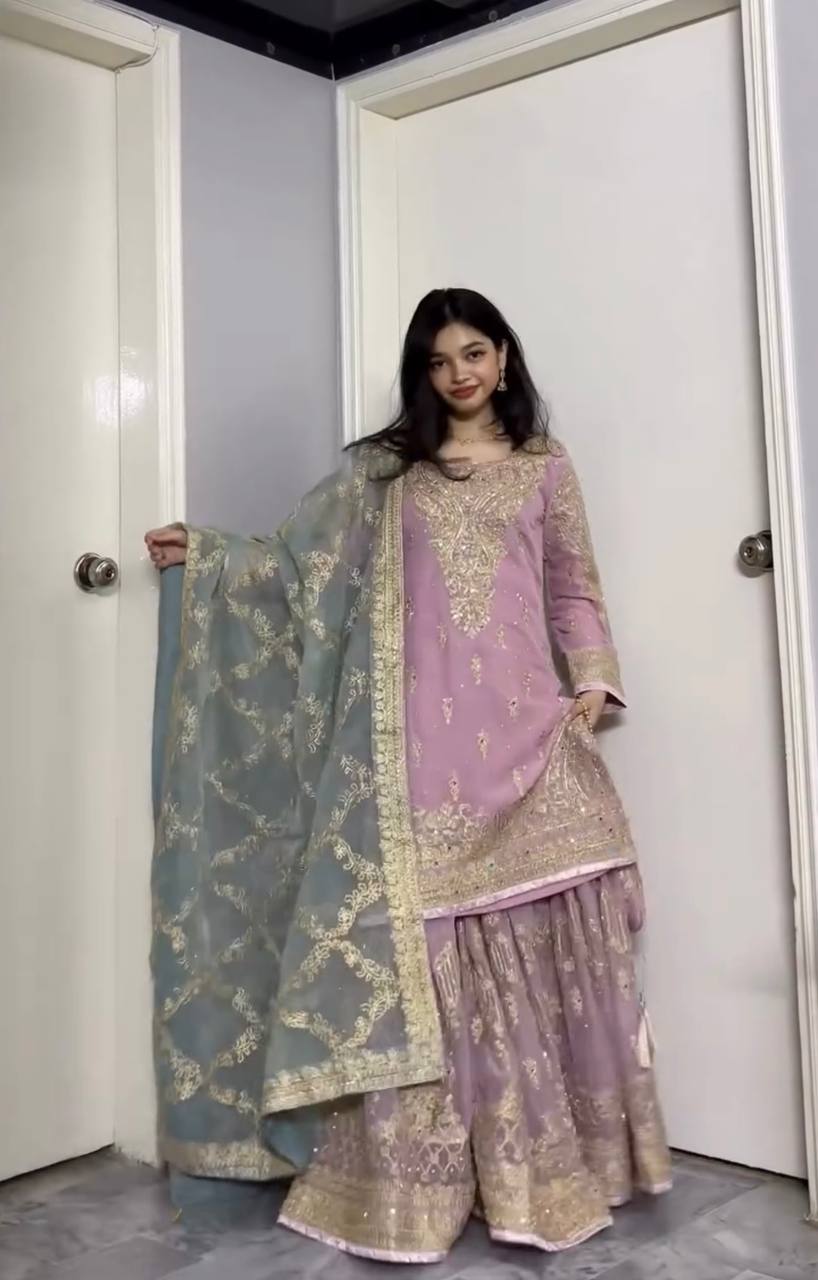 Soft pink Designer Faux Georgette Sharara Plazzo Top and Net Dupatta