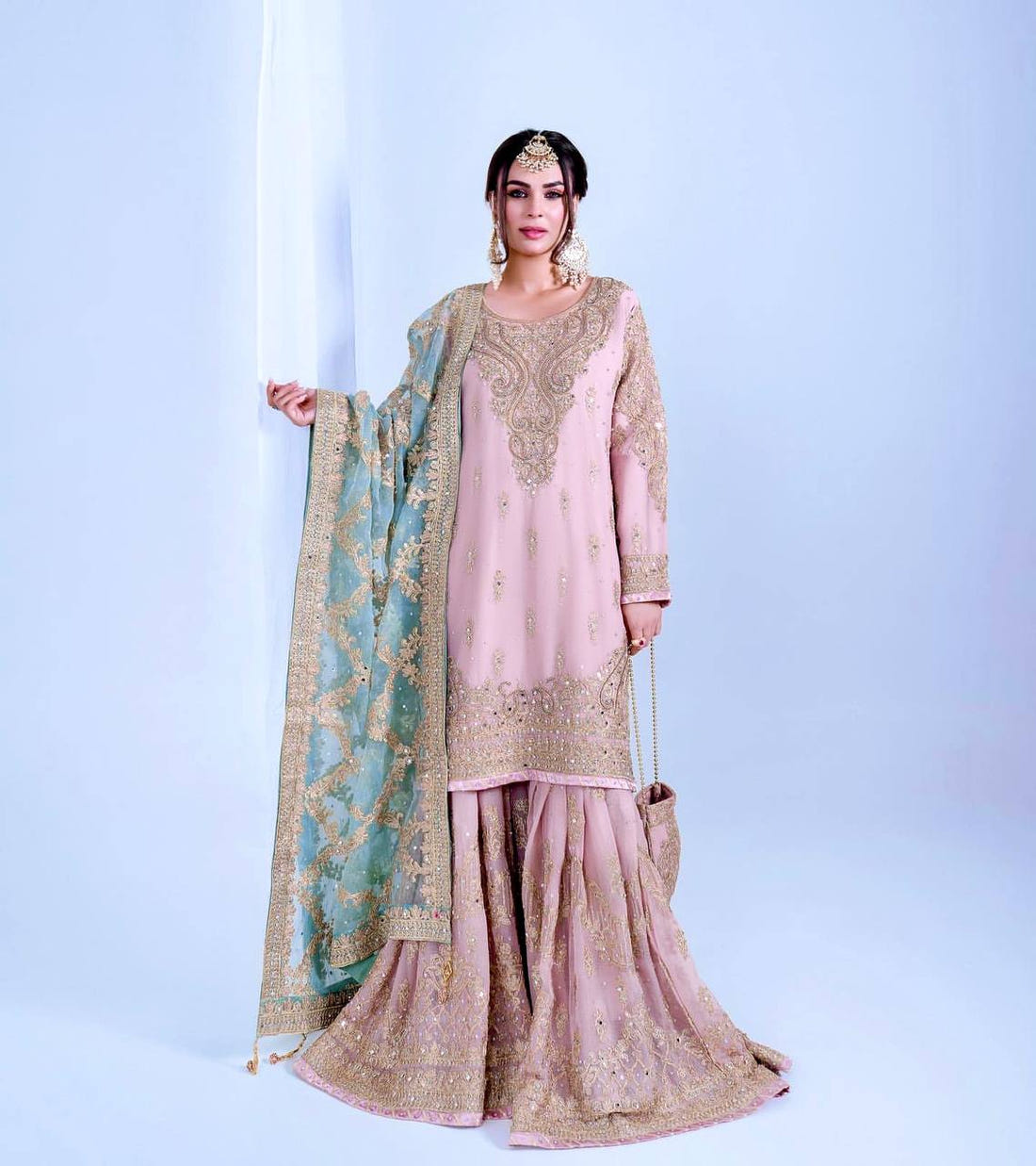 Soft pink Designer Faux Georgette Sharara Plazzo Top and Net Dupatta