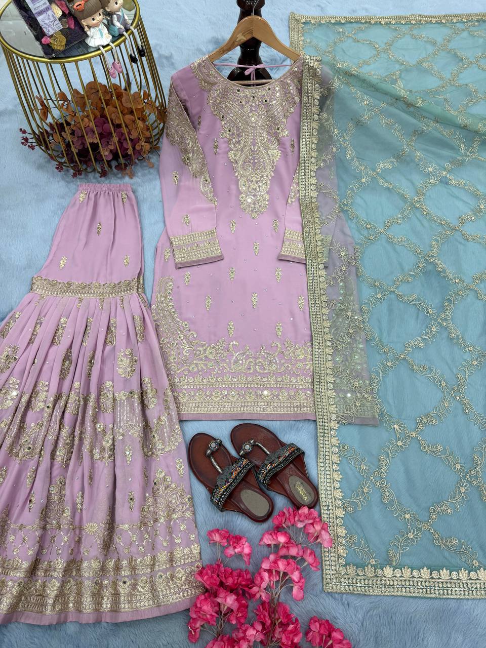 Soft pink Designer Faux Georgette Sharara Plazzo Top and Net Dupatta
