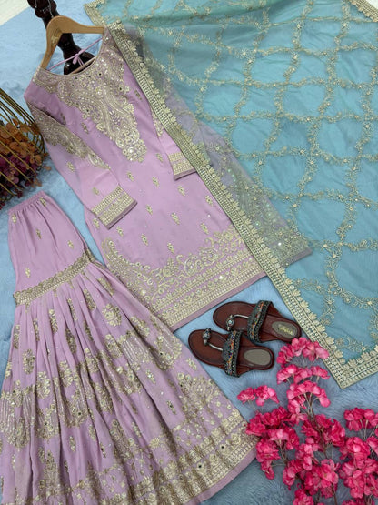 Soft pink Designer Faux Georgette Sharara Plazzo Top and Net Dupatta