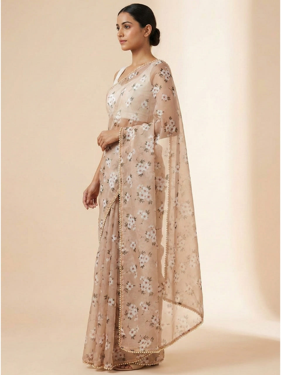 Taupe beige Georgette Digital Print Saree with Moti Lace Border & Blouse