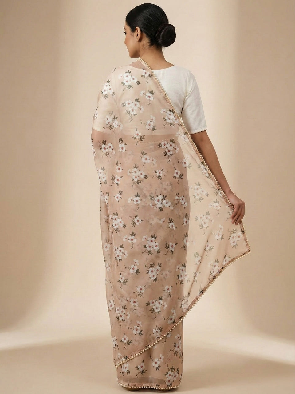 Taupe beige Georgette Digital Print Saree with Moti Lace Border & Blouse