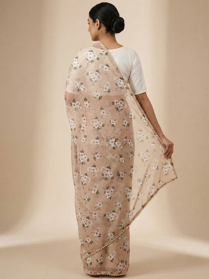 Taupe beige Georgette Digital Print Saree with Moti Lace Border & Blouse