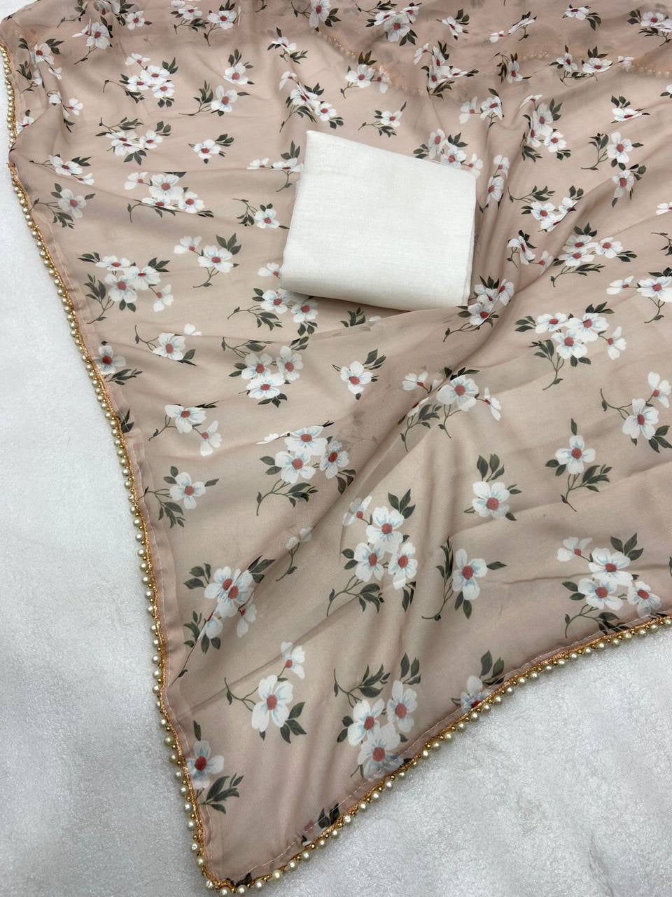 Taupe beige Georgette Digital Print Saree with Moti Lace Border & Blouse