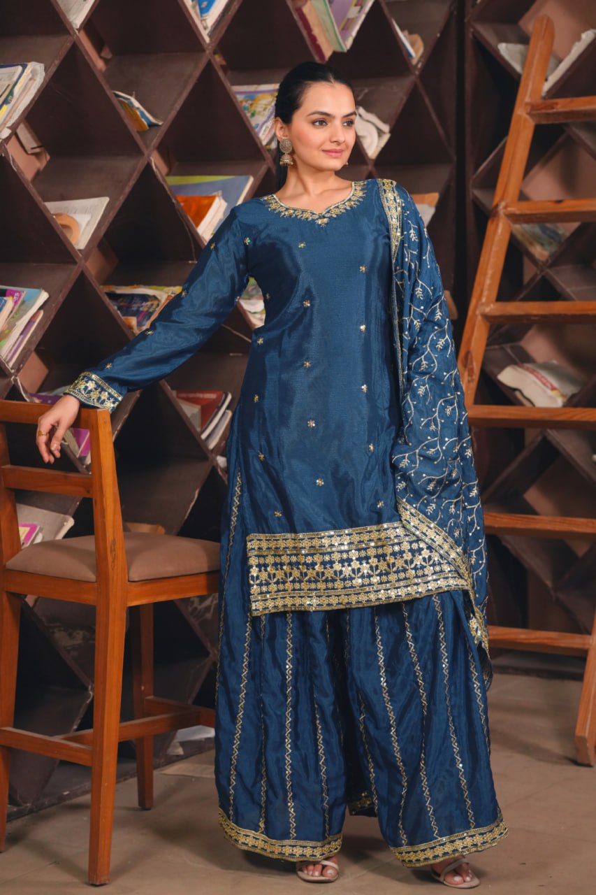 Teal Blue Chinon Sharara Suit with Embroidery Matching Dupatta