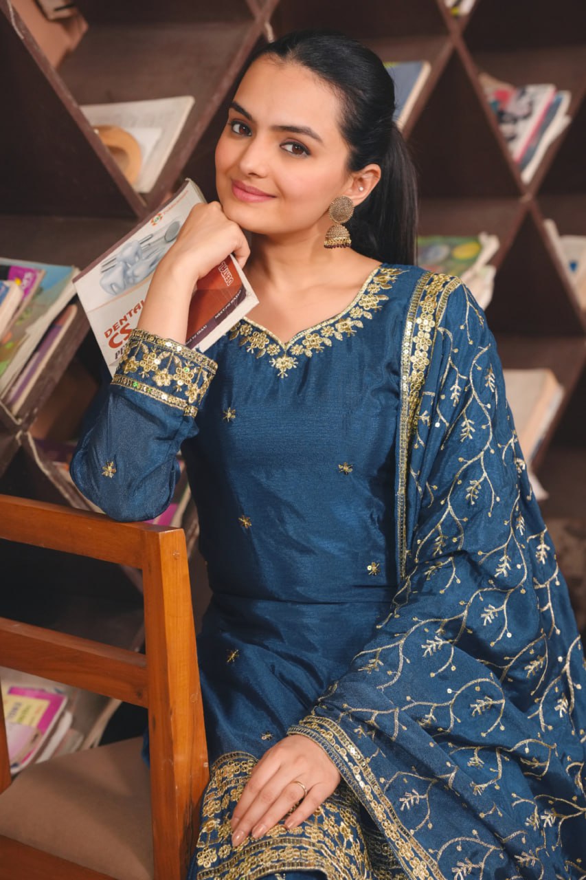 Teal Blue Chinon Sharara Suit with Embroidery Matching Dupatta