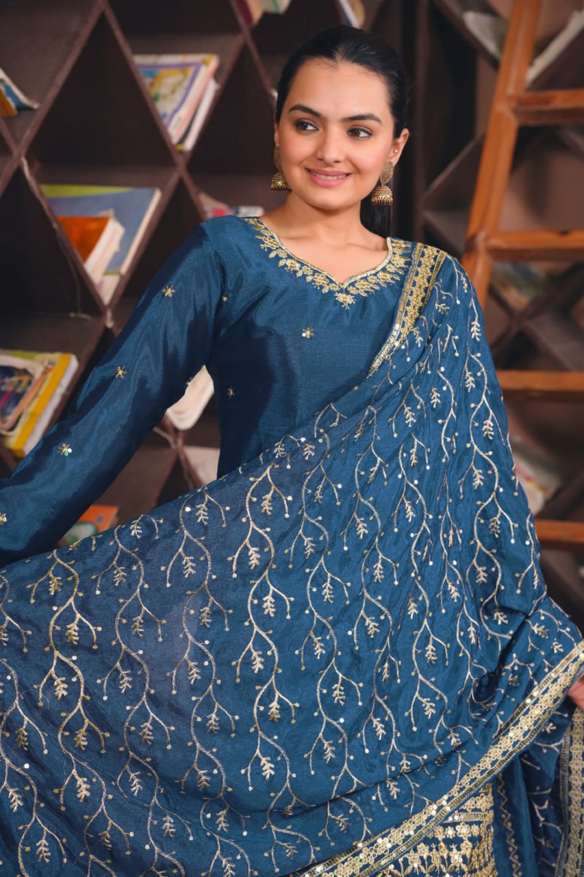 Teal Blue Chinon Sharara Suit with Embroidery Matching Dupatta