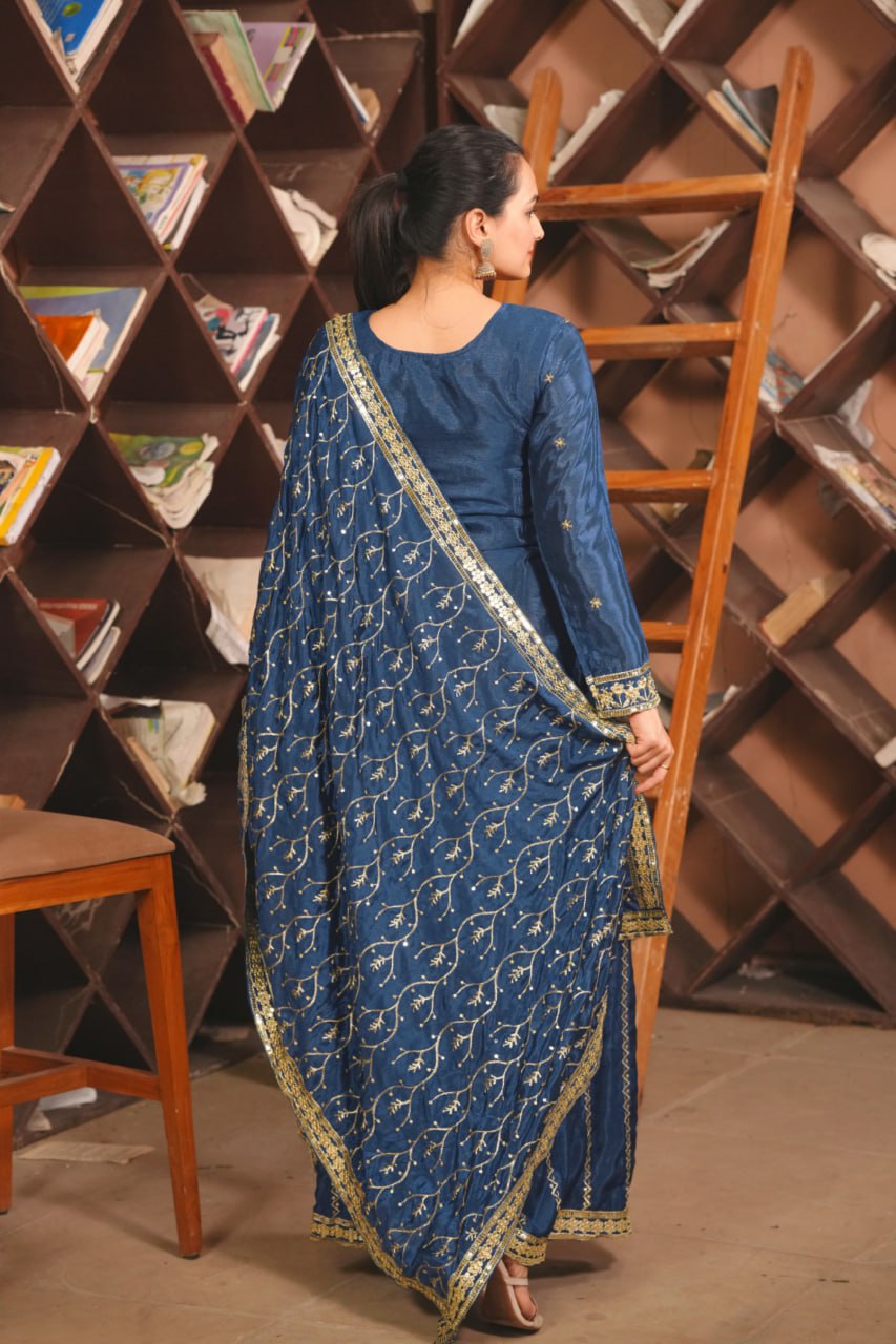 Teal Blue Chinon Sharara Suit with Embroidery Matching Dupatta