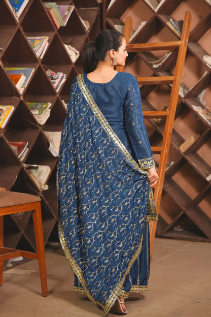 Teal Blue Chinon Sharara Suit with Embroidery Matching Dupatta
