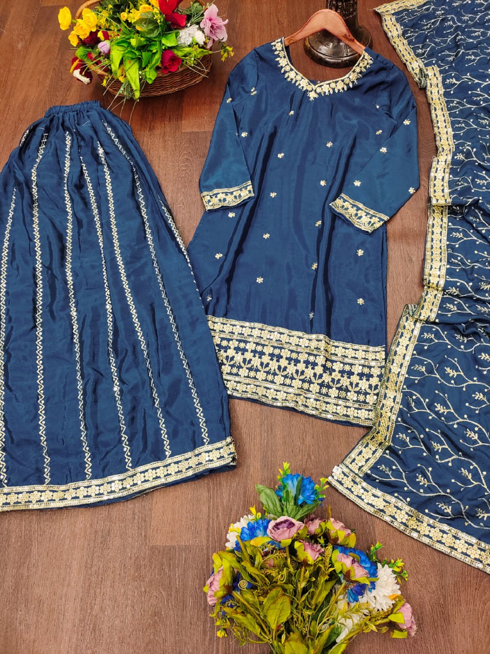 Teal Blue Chinon Sharara Suit with Embroidery Matching Dupatta