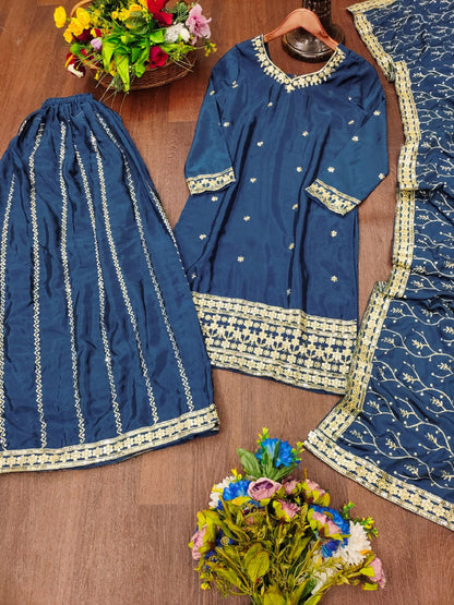 Teal Blue Chinon Sharara Suit with Embroidery Matching Dupatta